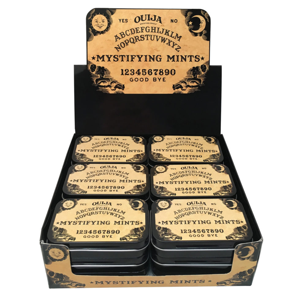 Ouija Mystifying Mints embossed tin with planchette-shaped peppermints