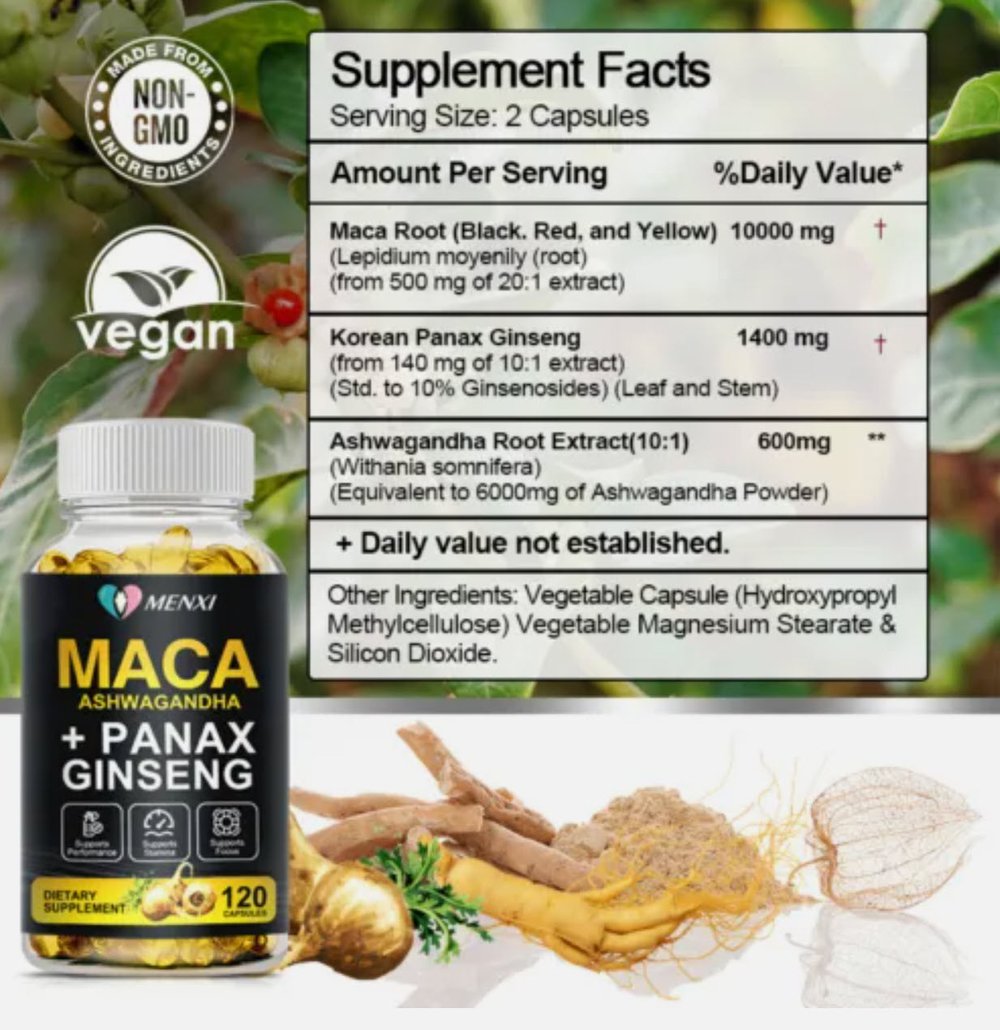 Maca, Ashwagandha, Ginseng supplement for energy & stamina - Powerful Roots!