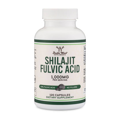 Supplement bottle labeled 'Shilajit Fulvic Acid' on a white background