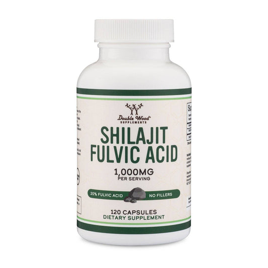 Supplement bottle labeled 'Shilajit Fulvic Acid' on a white background