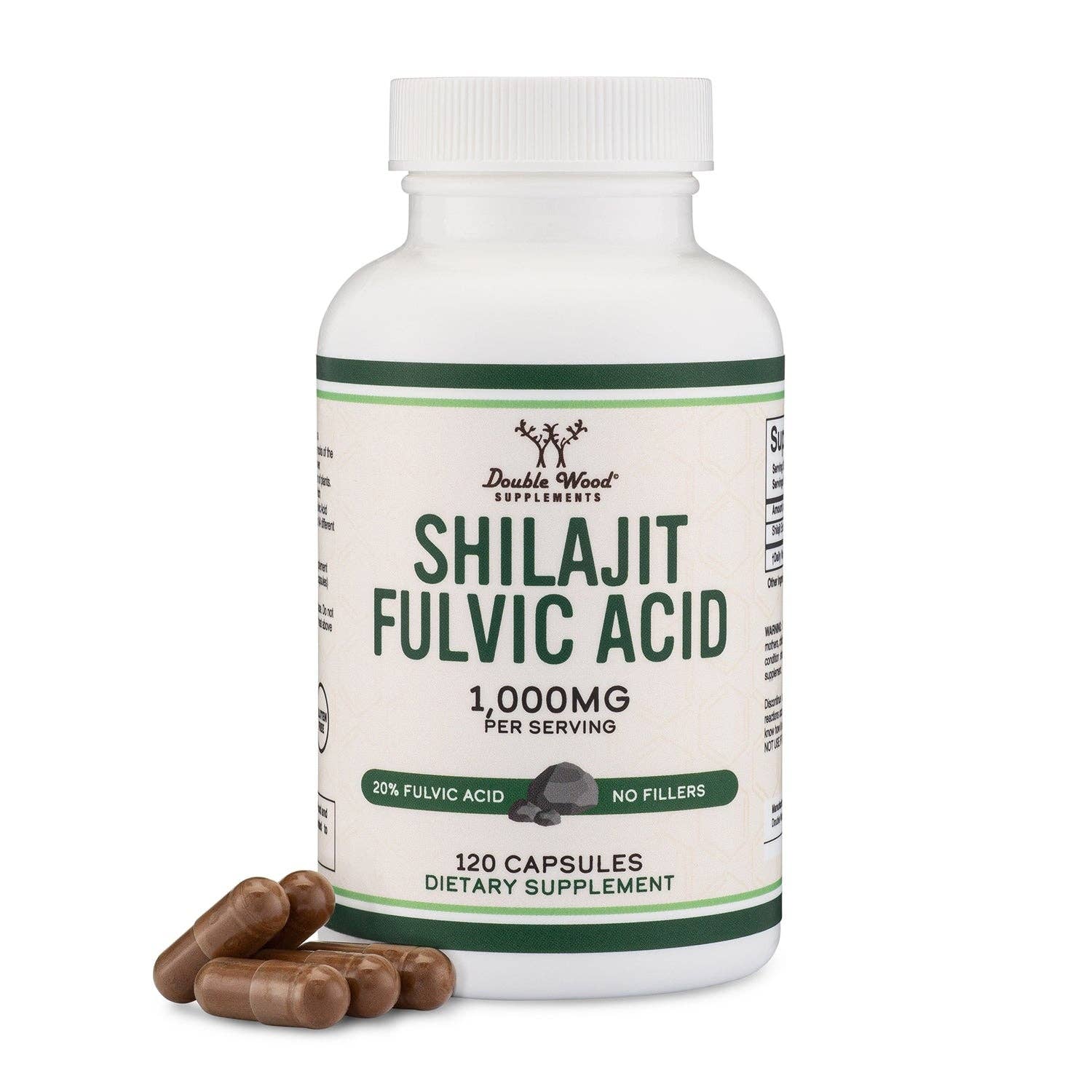 Bottle of Shilajit Fulvic Acid dietary supplement with capsules on a white background