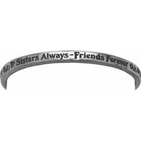 A silver-toned metal cuff bracelet engraved with the words 'Sisters Always - Friends Forever' and small heart motifs, shown against a plain white background.