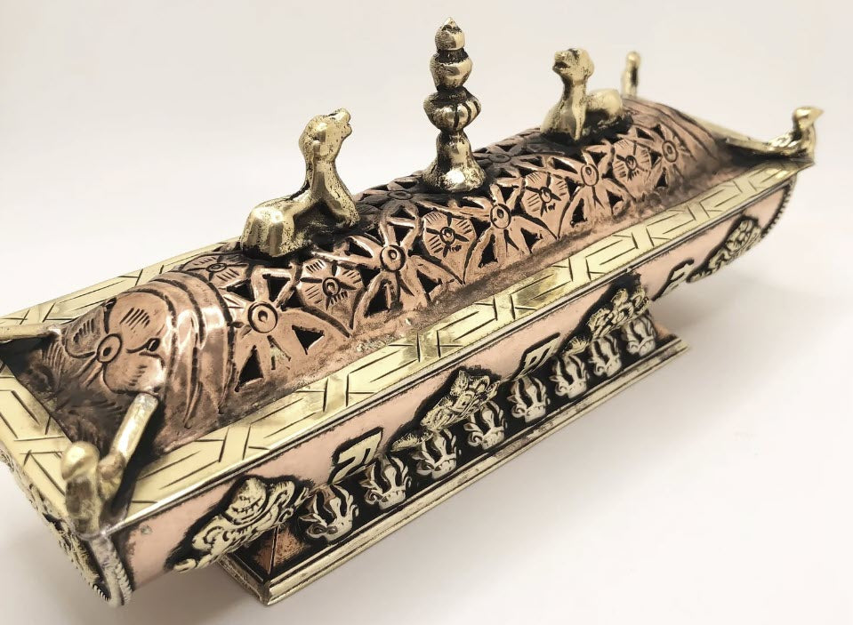 Copper & Brass Tibetan Incense Burner with Deer and Eight Auspicious Symbols