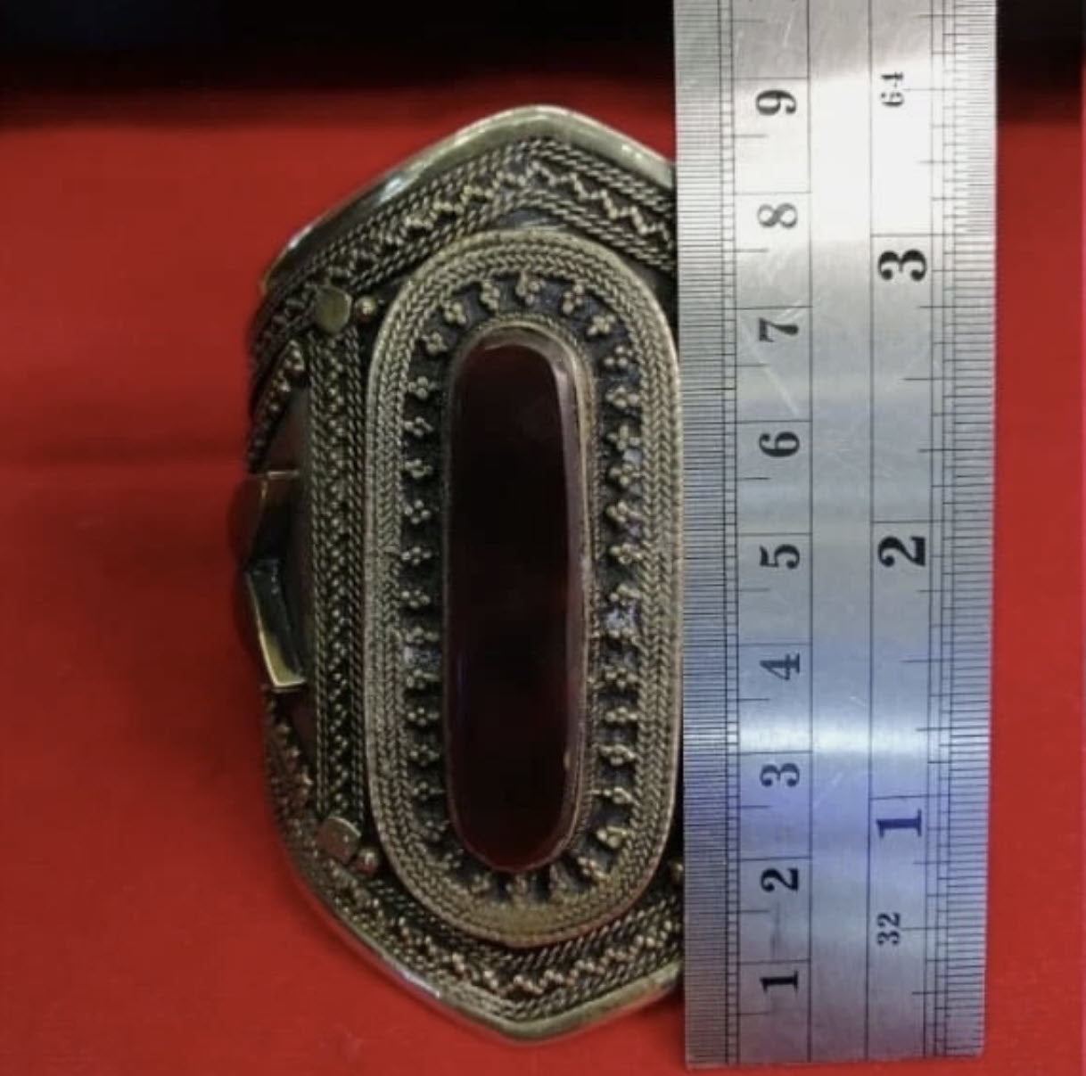 Warrior Goddess Carved Cuff Bangle w/Carnelian Gemstone